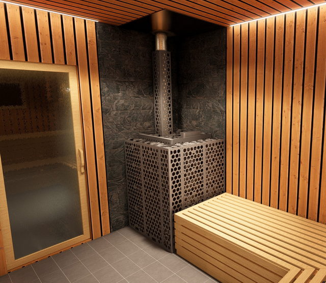 Габионы с печью Кардия в бане